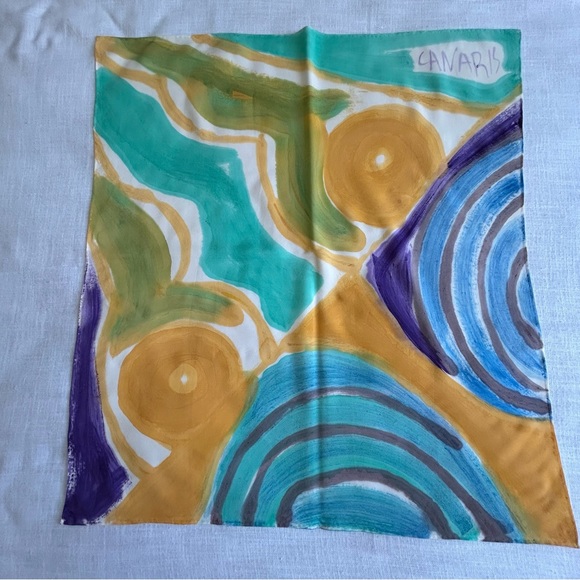 •Canaris Signed Unique Graphic Handpainted Handrolled Silk Scarf 28”x31” - Picture 2 of 8